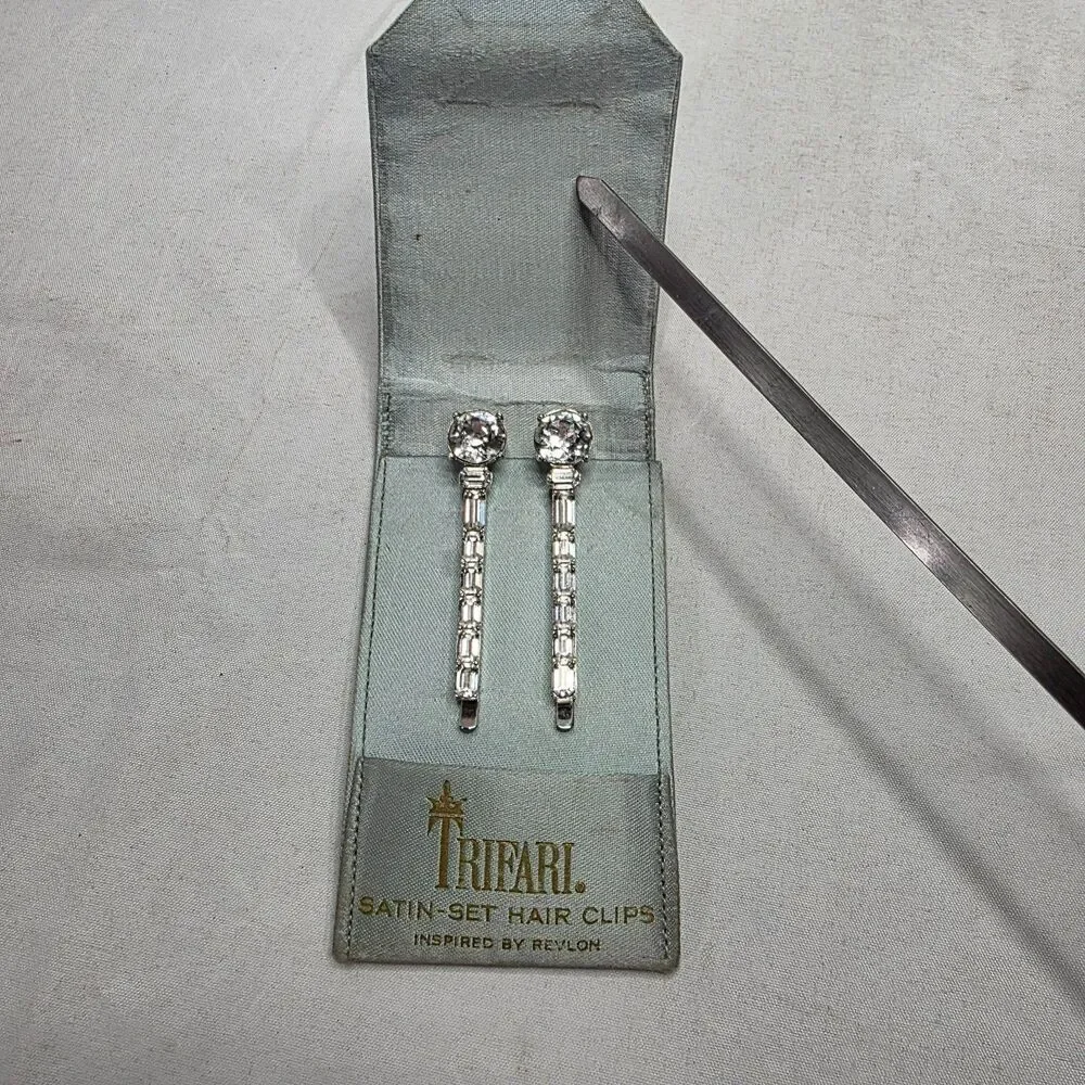 Crown Trifari 1950s Hair Clip Pair Silver Tone Bobby Pins Crystal Rhinestones